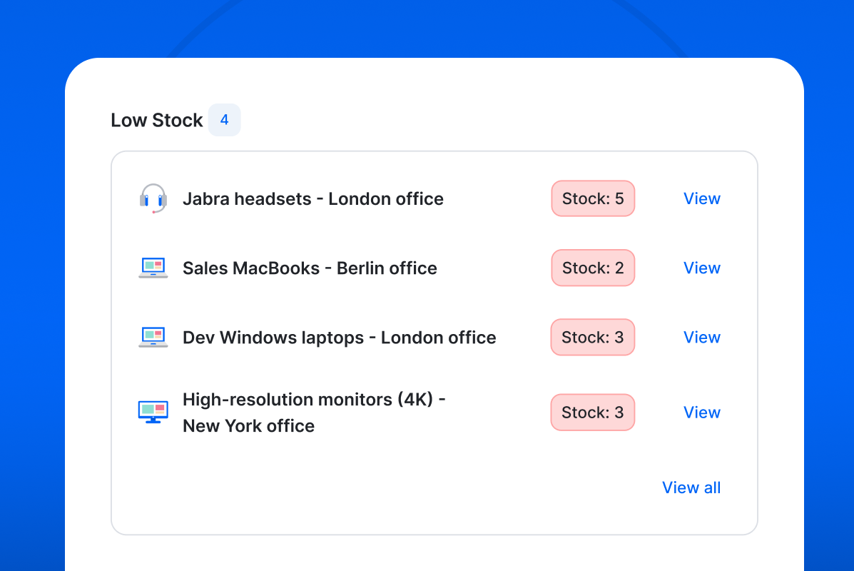 Stock alerts on the Setyl homepage, including Jabra headsets with a stock level of 5 and Sales MacBooks in Berlin office with a stock level of 2, helping IT teams stay in control of asset stock levels and prevent shortages.