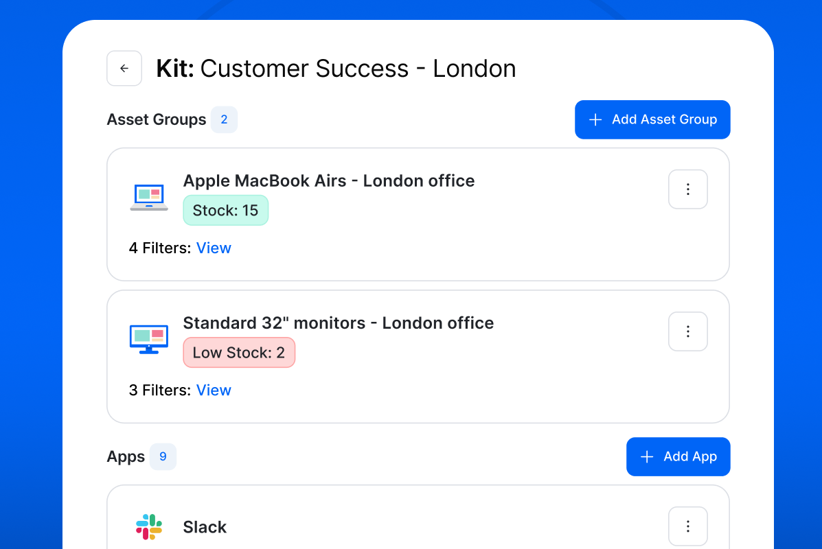 Example of a Setyl onboarding Kit for a Customer Success role in London, which includes Apple MacBook Airs and 32 inch monitors located in the London office as well as 9 Apps such as Slack.