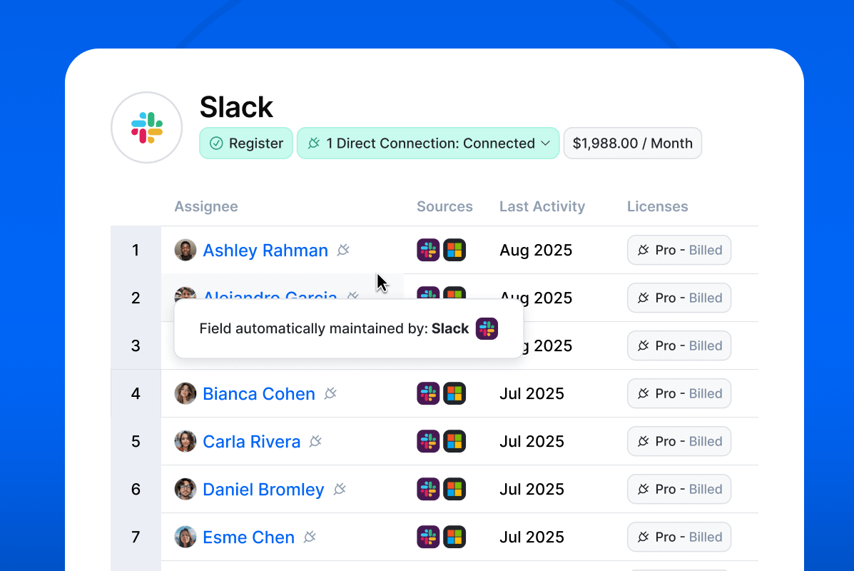 Screenshot of Setyl featuring a list of people who have been assigned a Slack license, including their name, the data source (Slack), last activity dates and license types.