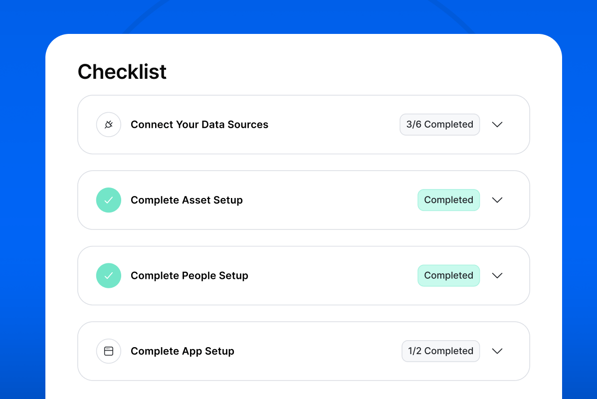 Checklist functionality in the Setyl IT asset and license management software, showing Complete Asset Setup and Complete People Setup as completed, and Connect Your Data Sources and Complete App Setup as not yet completed.