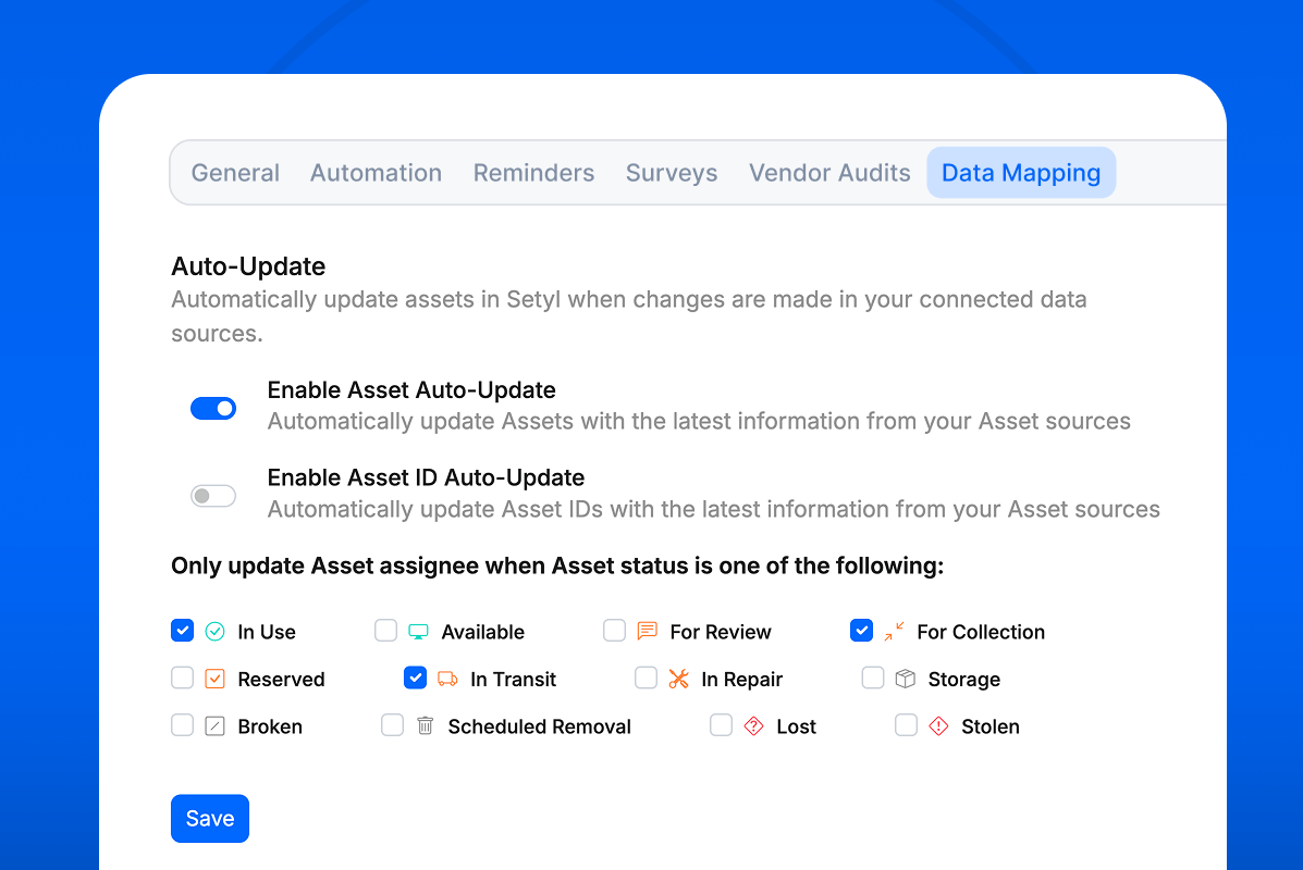 Asset Auto-Update setting in the Setyl IT asset management system, showing Enable Asset Auto-Update toggled to enabled, and In Use, In Transit and For Collection statuses checked under “Only update Asset assignee when Asset status is one of the following.”