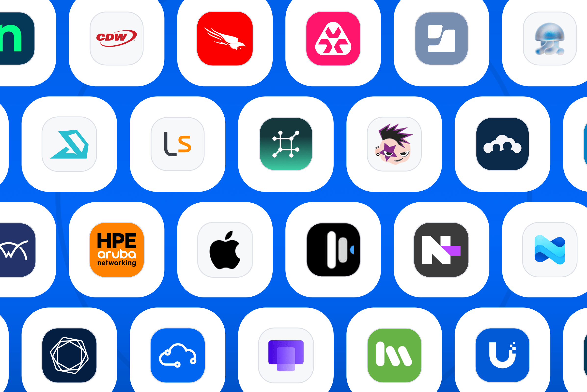 Logos of Setyl asset discovery integrations, including Apple Business, NetBox, NinjaOne, Intune, Iru (Kandji), SimpleMDM, Aruba, Lansweeper, Snipe-IT, JumpCloud, Jamf, CDW, Atera, Addigy, Tenable, and Cisco Meraki.