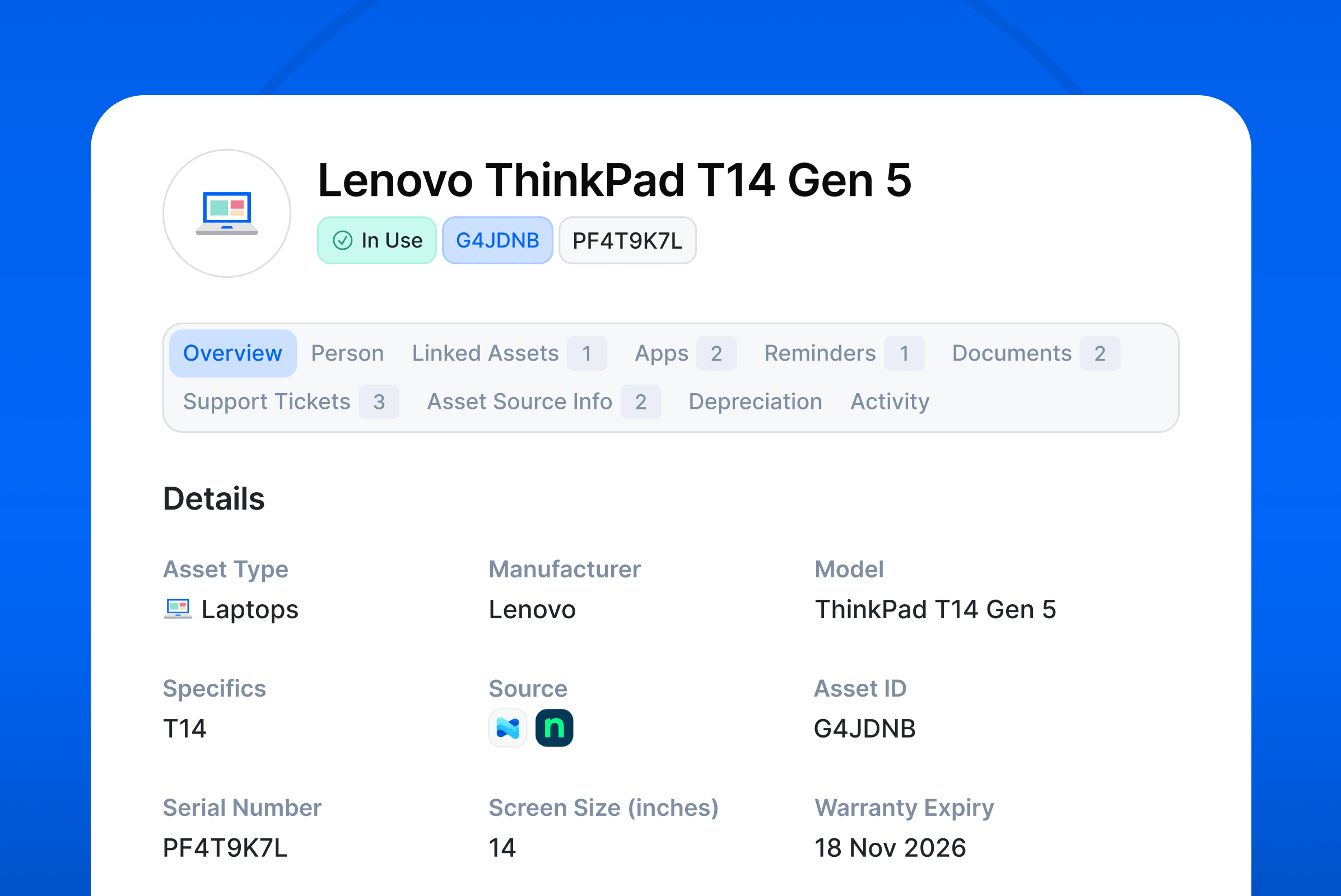 IT asset profile for a Lenovo laptop in Setyl, listing the asset type, manufacturer, model, source, screen size and warranty expiry, all of which was automatically imported from the MDM and auto-enriched with additional context.