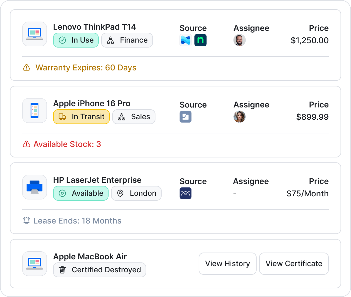 Inventory of hardware assets, including laptops, phones and printers, managed in the Setyl IT asset management platform, alongside lifecycle information, such as status, location, assignees, sources, prices, end of life, warranty expiry, lease end, and certificate of destruction. 