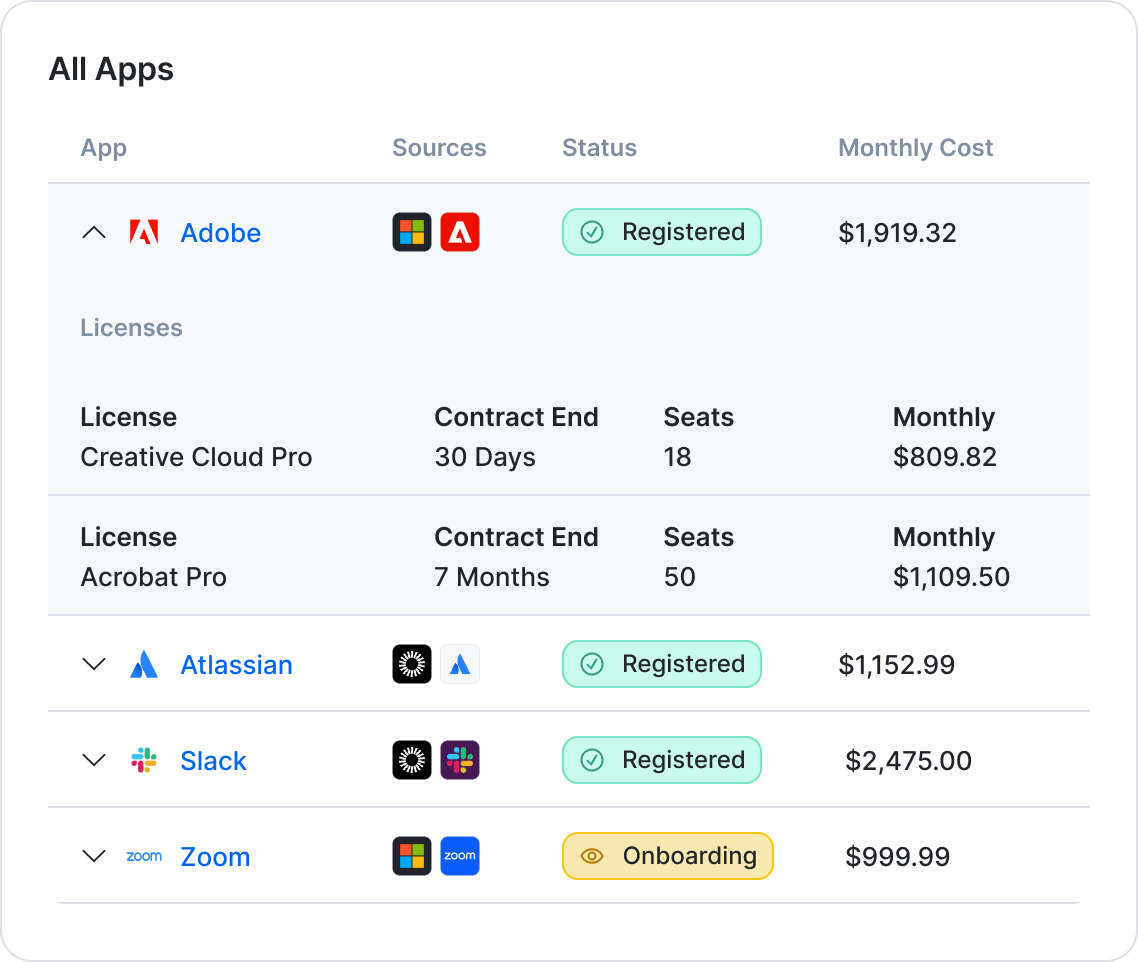Screenshot of Setyl's software asset and license inventory, including SaaS and software application names, sources, status, and monthly cost information, providing complete visibility over software assets and licenses.