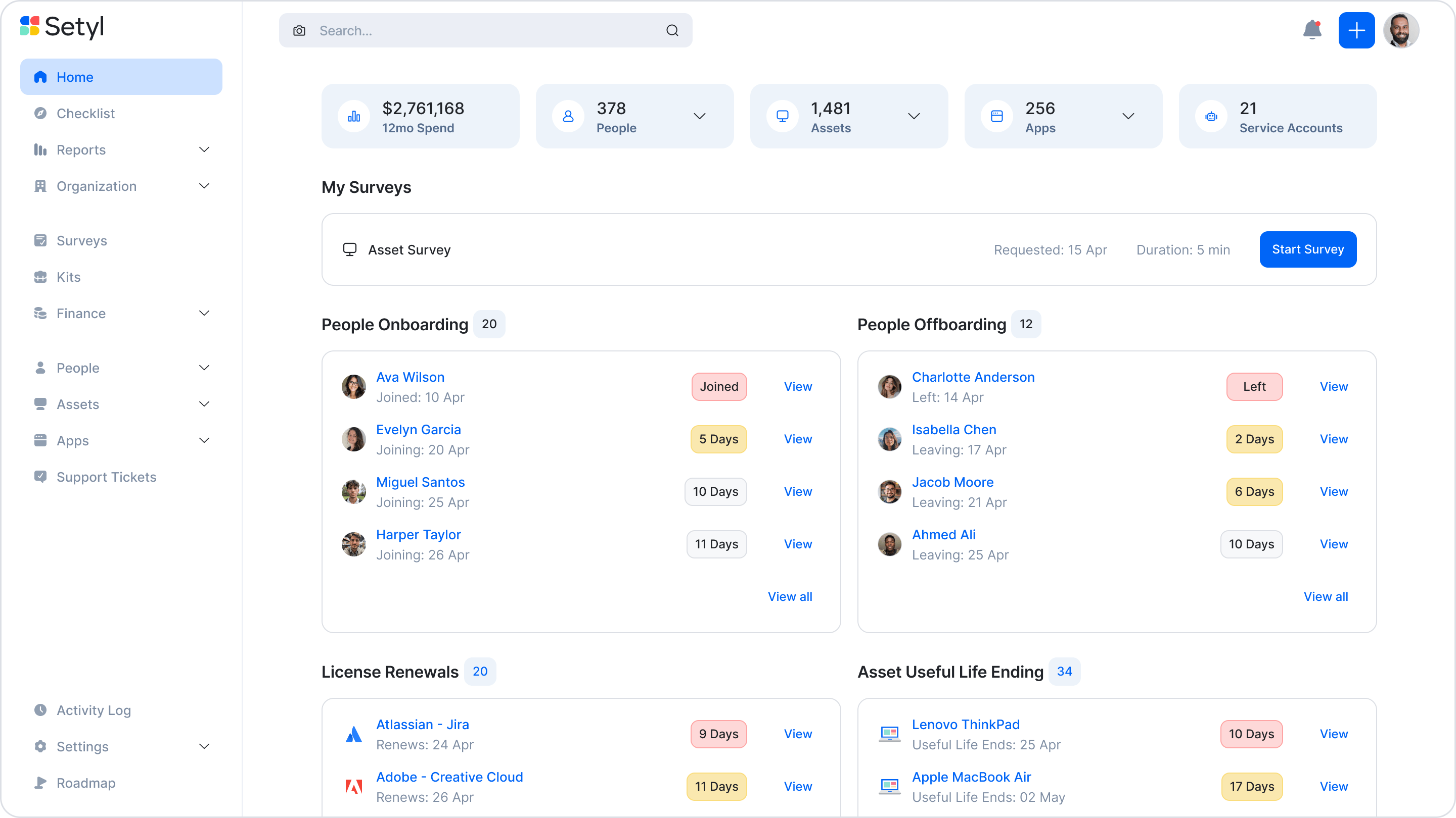 Screenshot of the Setyl IT asset management platform homepage, showing an overview of all company assets, software, users, and spend, alongside upcoming asset lifecycle tasks such as onboarding and offboarding employees, assets nearing the end of their useful life, and licenses due for renewal.