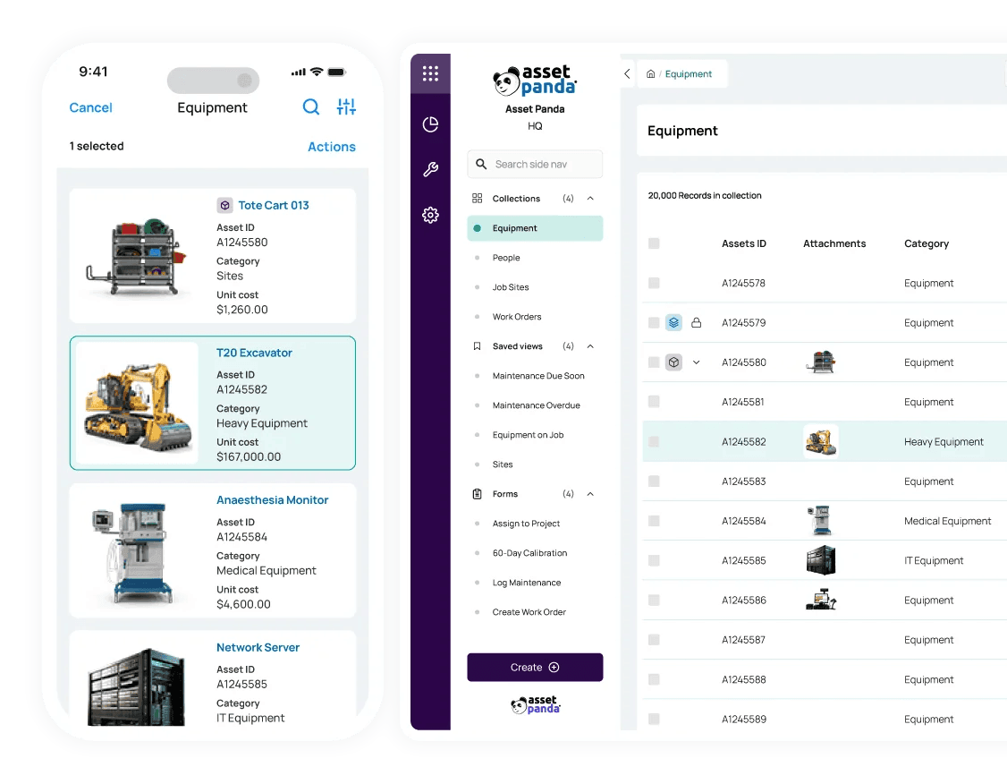 Screenshot of the Asset Panda platform and mobile app, showing different asset types, their categories, asset IDs, and costs.
