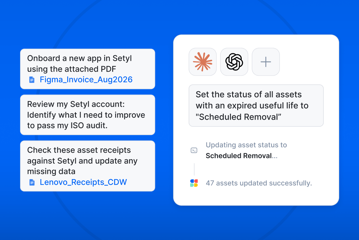 Example AI prompts to use with Setyl’s new MCP connector, including onboarding a new software application into Setyl, reviewing data to prepare for an ISO audit, and updating missing IT asset data.