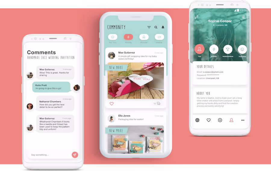 Sizzix app case study image showing comments, community feed and profile page
