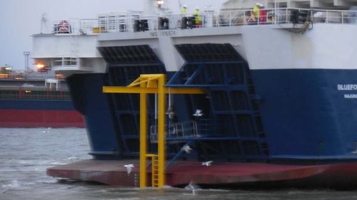 Bluefort's completed aft boat landing platform, installed for crew transfer operations.