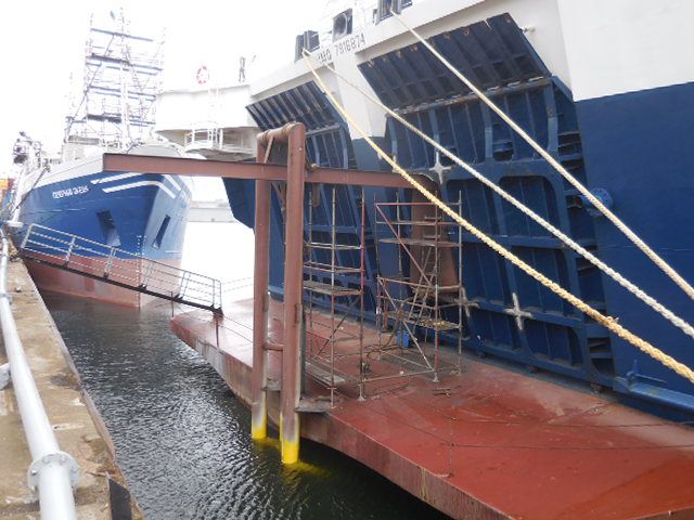 Bluefort's stern boat landing area during early conversion works, scaffolding in place.