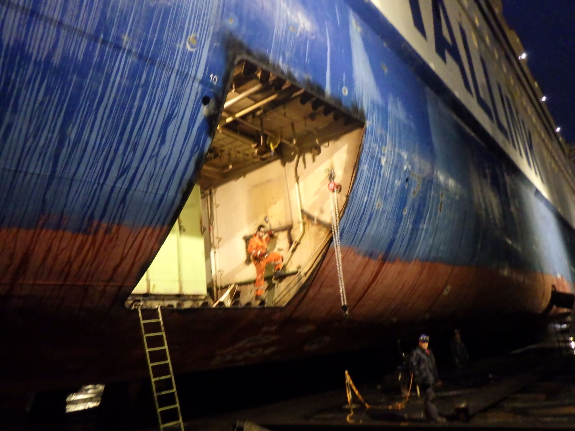 A hull opening cut into Isabelle X's shell plating during conversion works.