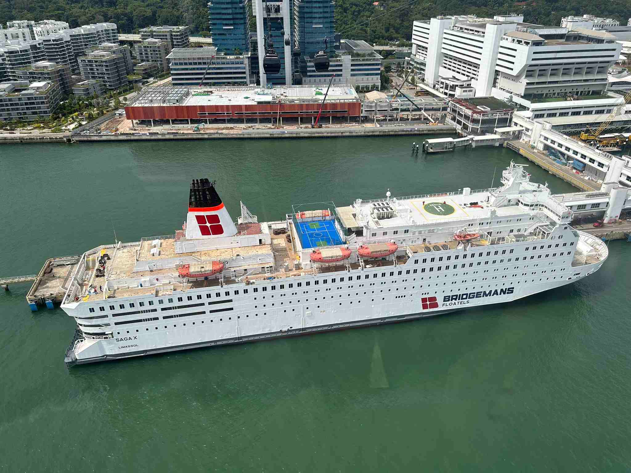 Aerial view of SAGA X, branded Bridgemans Floatels, following completion of her conversion.