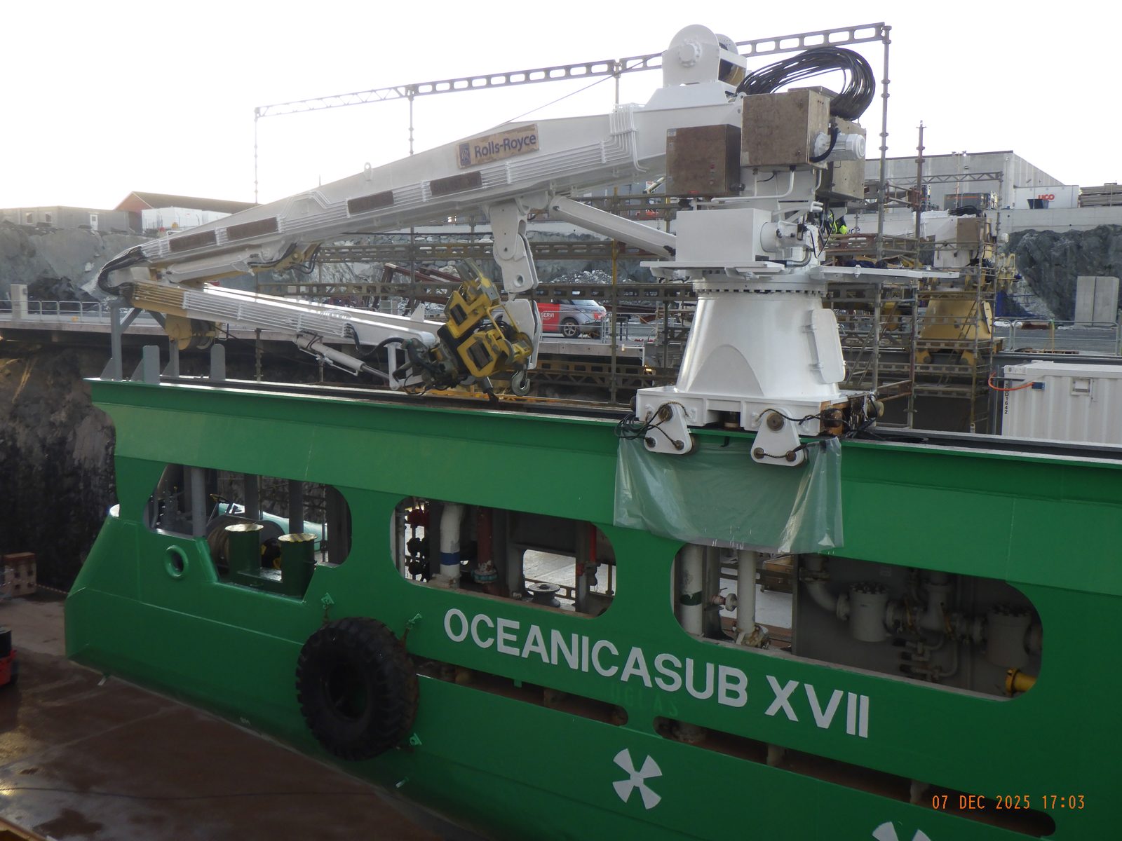 Oceanicasub XVII's finished green hull with her name painted on and the Rolls-Royce ROV handling crane fully installed and mounted on deck
