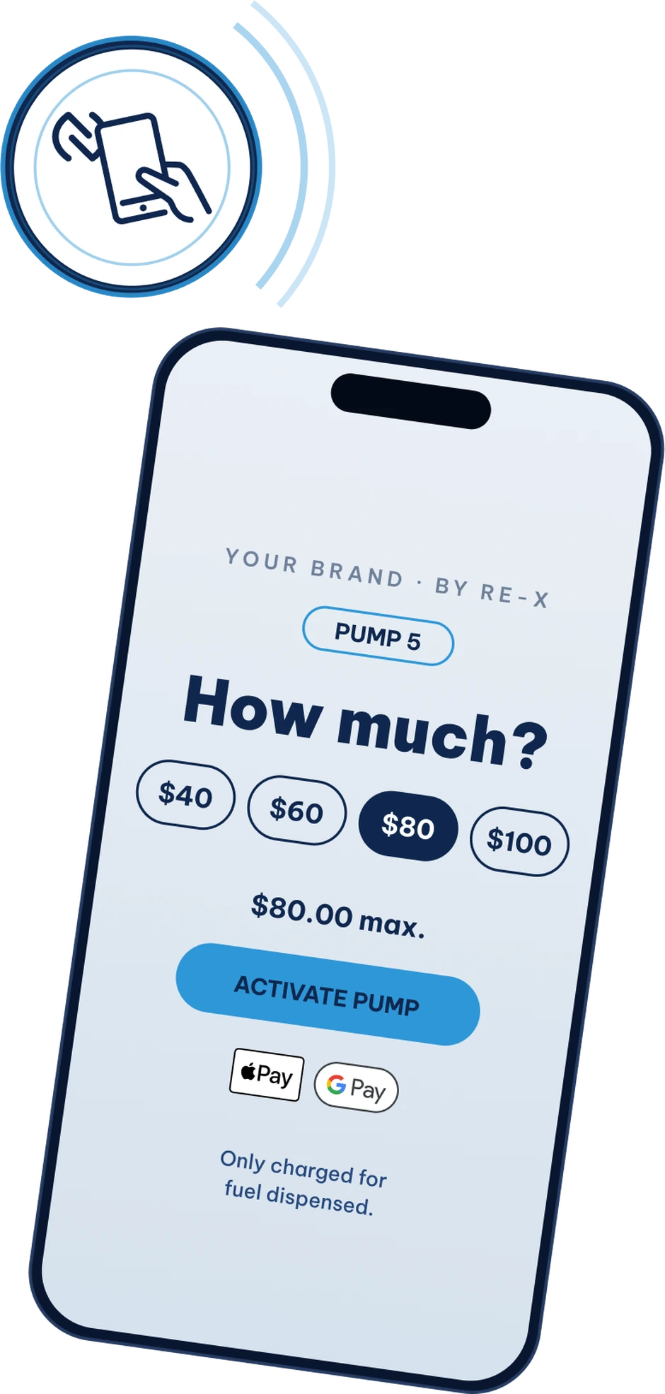 Re-X Pay at pump checkout on a phone, tapped at the pump