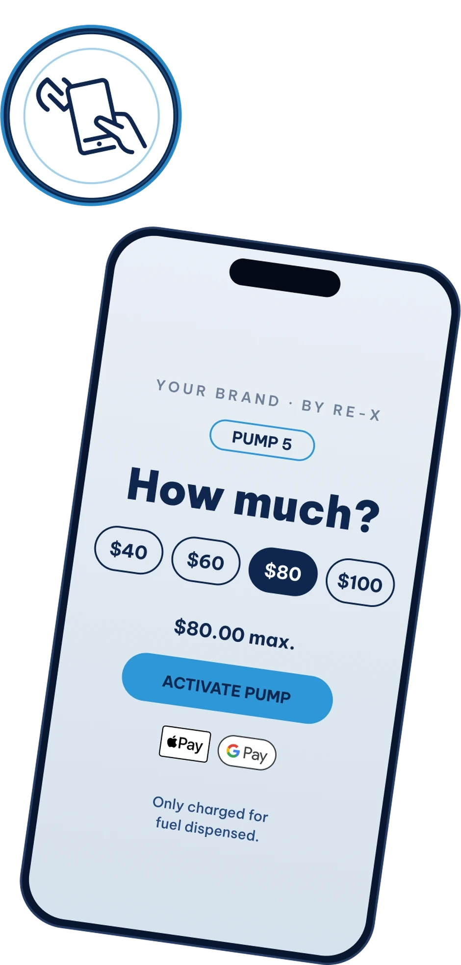 Re-X Pay at pump checkout on a phone, tapped at the pump