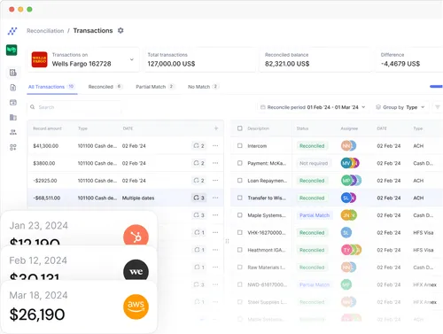 Nanonets automated reconciliation dashboard showing total transactions matched against Wells Fargo bank statement with reconciled balance, partial matches, and real-time discrepancy detection
