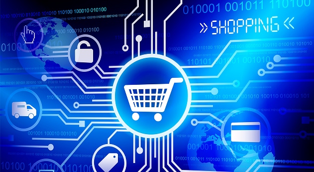 Ícones digitais de carrinho de compras, cadeado, caminhão, etiqueta e cartão conectados por circuitos azuis.