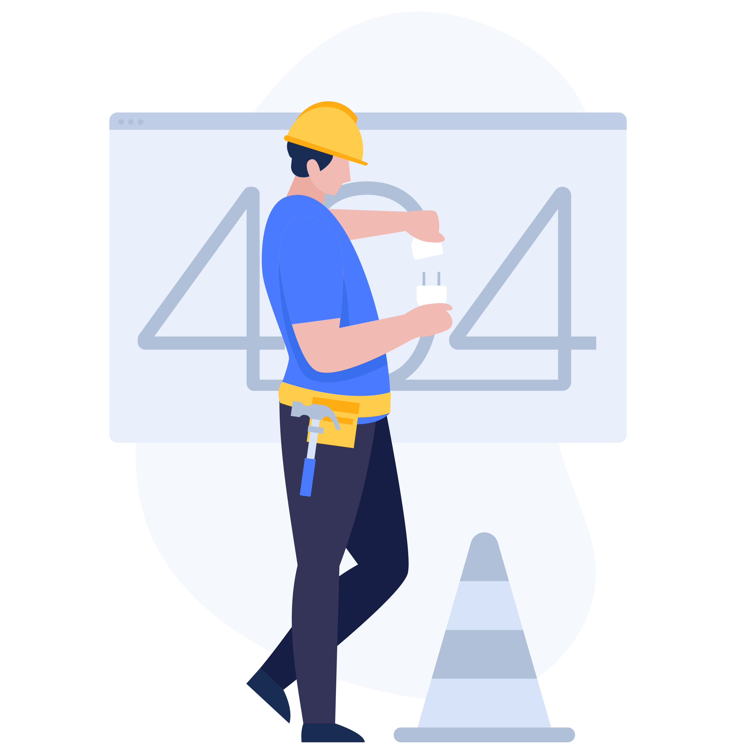 404 error image showing worker trying to plug-in a 404 symbol.