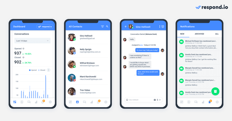 This image shows the respond.io app. With it, customer service LINE agents are able to provide customer support wherever they are