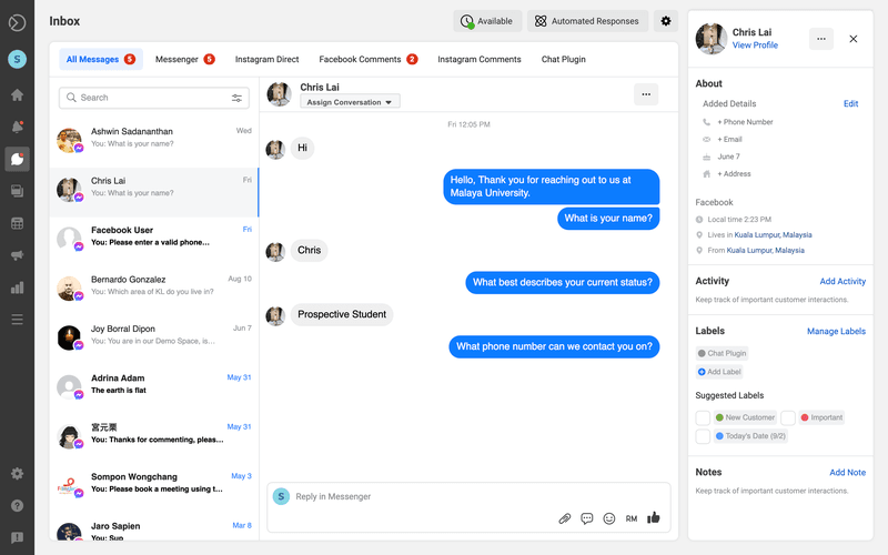 Todas tus conversaciones del widget de mensajería se guardarán en la bandeja de entrada de Facebook. Esta es una ventaja cuando añades Facebook Messenger a tu sitio web.