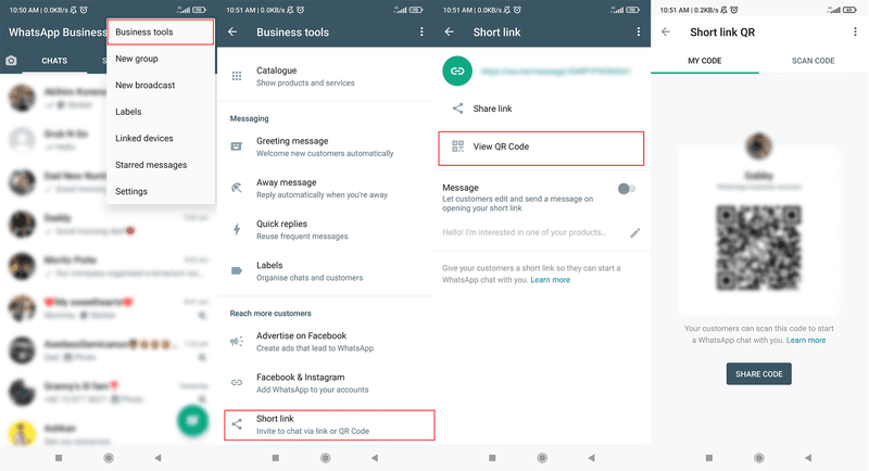 This image shows how you generate a whatsapp qr code for business. Go to business tools, short link, view qr code, and your qr code will be generated