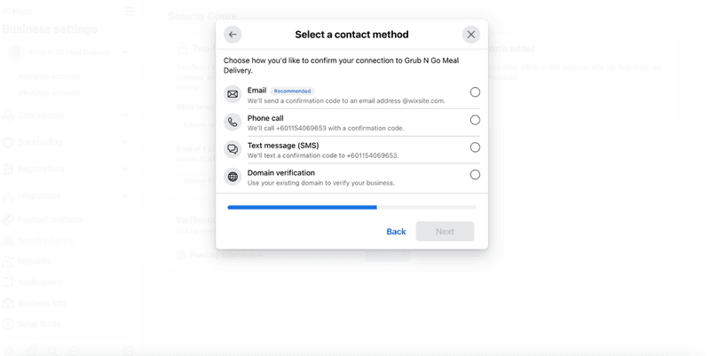 como verificar a sua empresa no facebook: verificar o domínio do gestor de empresas do facebook ou obter um código de confirmação. Se tiver efectuado a verificação do domínio do gestor de empresas do facebook, não receberá um código de confirmação e poderá apresentar a sua candidatura imediatamente. 