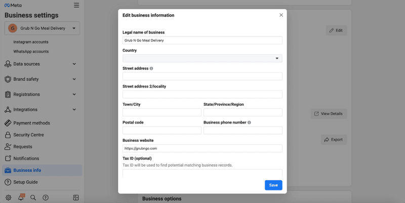 É necessário preencher a secção "Informações comerciais" do seu Meta Business Manager