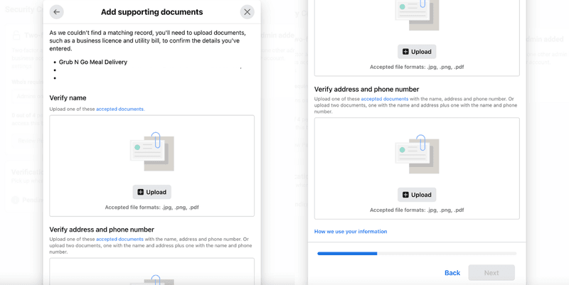 cómo verificar la cuenta de empresa en facebook: Añadir documentos justificativos para la verificación de la empresa facebook