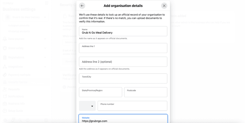 como verificar a conta de gestor de negócios do facebook: Preencher ou confirmar os detalhes preenchidos automaticamente do seu gestor de negócios do Facebook ou do Meta Business Manager