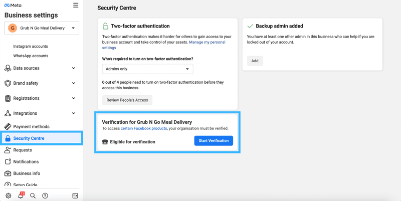 O primeiro passo para Meta Verificação de empresa ou verificação de empresa no facebook é navegar para o Centro de Segurança do seu Facebook Business Manager e clicar em Iniciar verificação