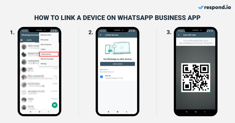 Connexion à WhatsApp Business : Il s'agit d'une image qui montre comment un propriétaire de micro-petite entreprise qui utilise l'application WhatsApp Business peut utiliser le même numéro pour les utilisateurs multiples de WhatsApp Business. Tout utilisateur de WhatsApp Business peut utiliser l'application WhatsApp Business avec jusqu'à 5 appareils ou utilisateurs multiples. Pour lier un appareil, allez dans votre application WhatsApp Business. Tapez sur l'icône Plus d'options avec 3 points verticaux. Appuyez sur Appareils liés. Dirigez votre téléphone vers l'écran de l'appareil que vous souhaitez lier et scannez le code QR.