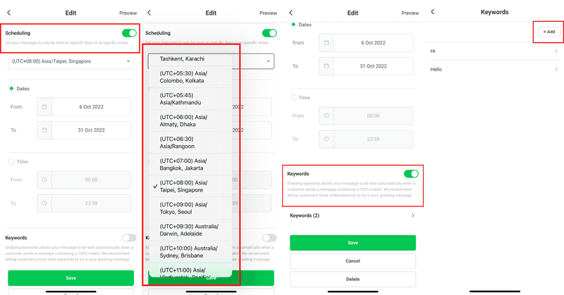 Questa è una schermata che descrive come creare la risposta automatica di line app. Attivare il pulsante per la pianificazione e programmare un'ora o una data per il messaggio di risposta automatica. Aggiungete le parole chiave e toccate Salva una volta terminato.