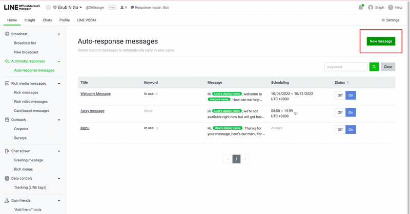 Questa è una schermata che descrive come creare un messaggio di risposta automatica di Line@. Fare clic su Nuovo messaggio per creare la risposta automatica LINE .