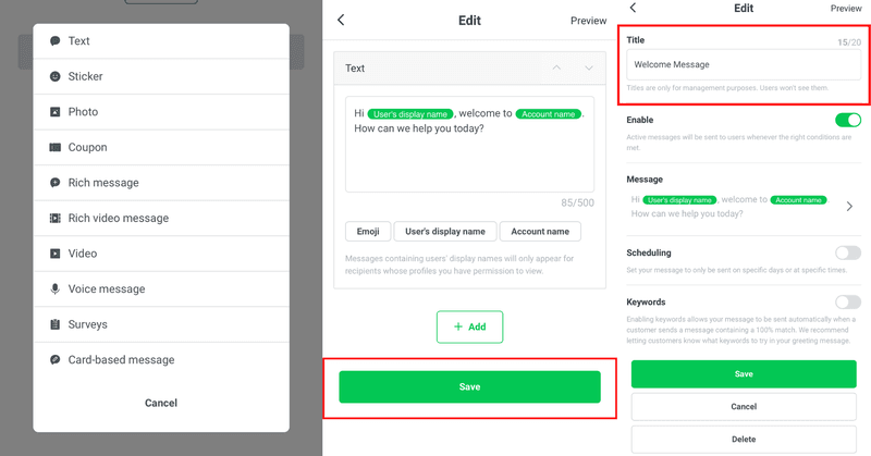 Questa è una schermata che mostra come creare una risposta automatica sull'app Linea di risposta automatica. Selezionate il tipo di messaggio che desiderate e, una volta terminato, salvatelo. Infine, aggiungere il titolo della risposta automatica. 