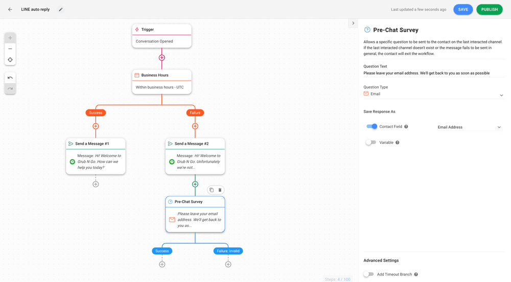 Esta es una captura de pantalla que muestra cómo configurar la respuesta automática. Añade el paso Haz una pregunta para obtener la información de los clientes y poder contactar con ellos cuando vuelvas a estar online.