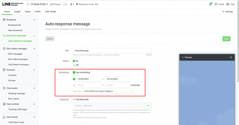 Cette capture d'écran montre comment créer une réponse automatique à LINE@. Cochez la case Utiliser la planification pour définir les dates ou l'heure de votre planification. N'oubliez pas de sélectionner le bon fuseau horaire.