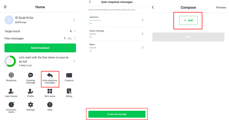 Voici une capture d'écran qui montre comment créer une réponse automatique sur l'application du compte officiel de Line. Sur la page d'accueil de votre compte officiel LINE , appuyez sur Messages de réponse automatique. Ensuite, appuyez sur le bouton + Ajouter et sélectionnez les types de messages que vous souhaitez créer sur la page Messages de réponse automatique. 