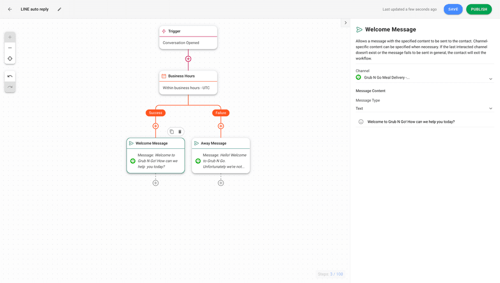 Esta é uma captura de ecrã que mostra como configurar mensagens de resposta automáticas em respond.io. Redija as suas mensagens de saudação e de ausência em Texto.