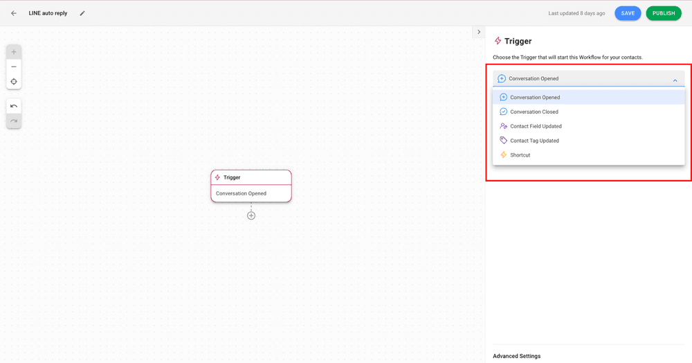 Esta é uma captura de ecrã que mostra como configurar a resposta automática. Defina o acionador do fluxo de trabalho para Conversa aberta.