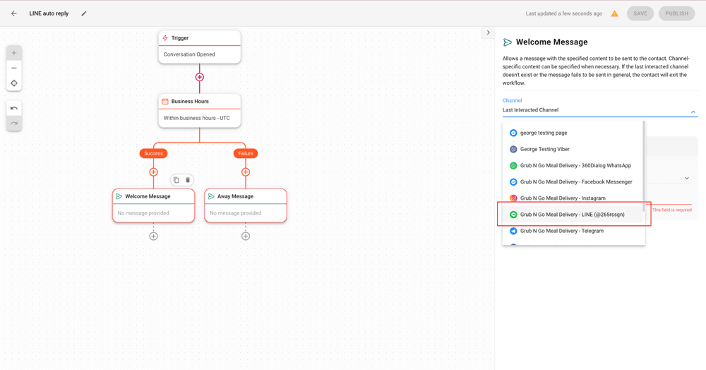 Esta é uma captura de ecrã que mostra como configurar a resposta automática. Clique no botão + sob os ramos Sucesso e Fracasso para adicionar um Enviar uma mensagem. Certifique-se de que selecciona LINE como canal.