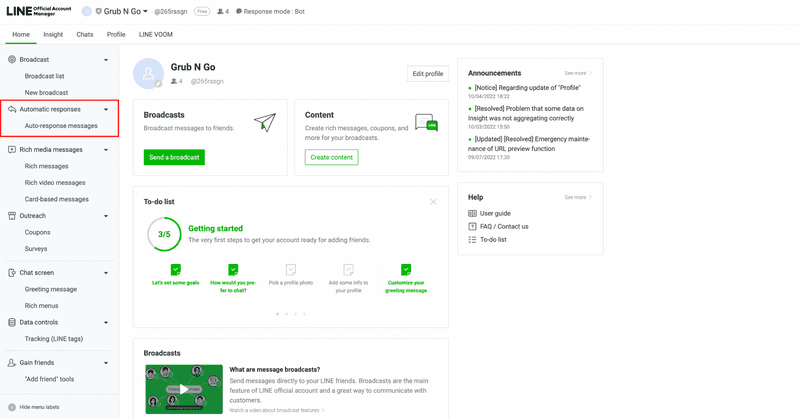 Esta é uma captura de ecrã que mostra o primeiro passo para criar a resposta automática da aplicação de linha. Clique em mensagens de resposta automática no painel esquerdo da sua página inicial. 