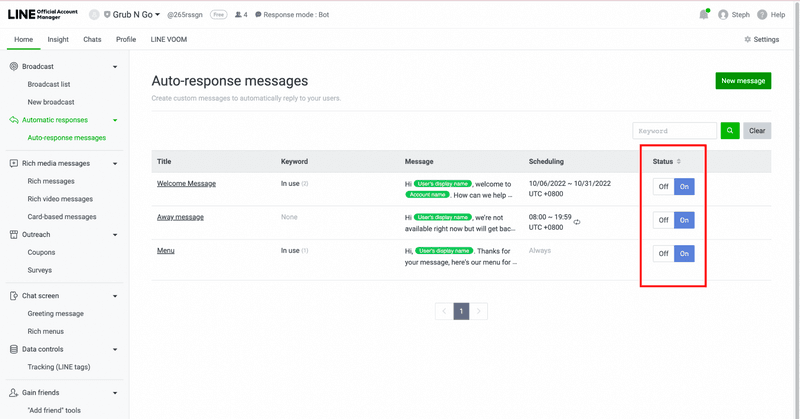 Questa è una schermata che mostra come controllare lo stato della risposta automatica. In LINE Official Account  Manager è possibile attivare e disattivare il messaggio di risposta automatica. Nella pagina del messaggio di risposta automatica, andate alla colonna dello stato e disattivate la risposta automatica se non è più rilevante per la vostra attività.