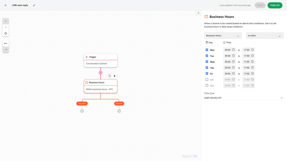 This is a screenshot of how to Add the Date & Time Step to set your business hours.