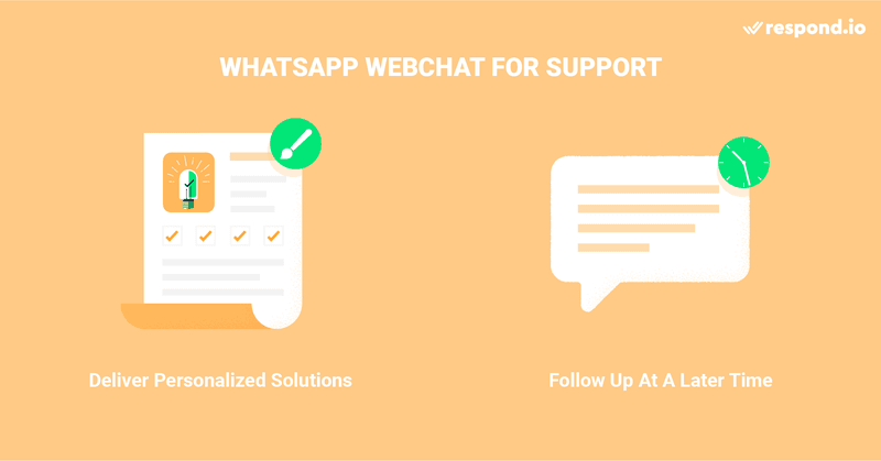 This is an image about the benefits of using WhatsApp Chat Widget for Website for customer support. On WhatsApp webchat, you can easily identify your customers and tailor the solutions to their needs. With respond.io’s shared inbox, the support team can even track the conversations the contact had with the sales team prior to becoming a customer. Plus, you can reopen a WhatsApp webchat conversation when a solution is found. To learn more about whatsapp chat for Wordpress, refer to respond.io documentation.