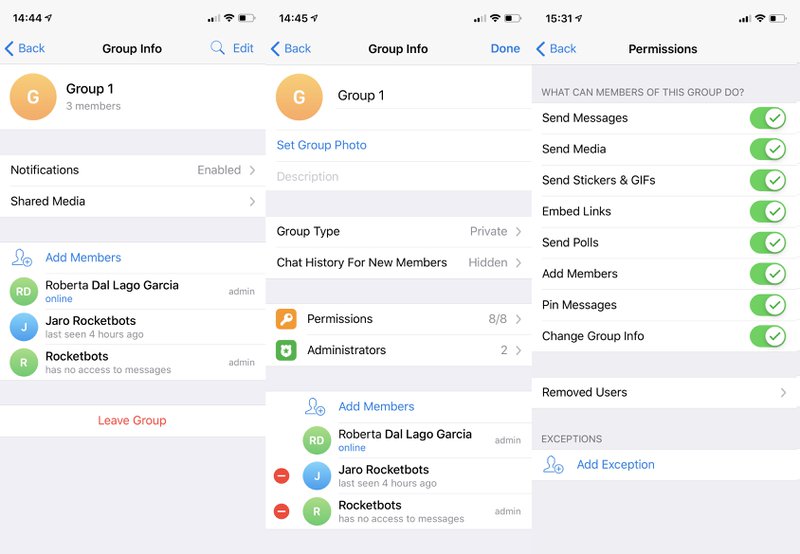 Para alterar as permissões dos membros do grupo Telegram , aceda a Info > Editar > Permissões. Para adicionar ou remover excepções de permissão do Grupo Telegram , navegue até excepções na parte inferior da página de permissões. Aí pode escolher membros individuais e alterar as suas definições de permissões.