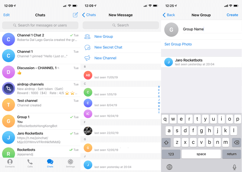 Creating Telegram Groups is easy. In Chats, press the compose button just above search. Then instead of composing a new message, you create Telegram groups by pressing on new group.