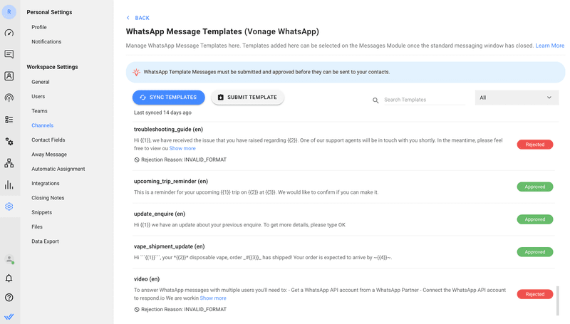 Submitting Message Templates from respond.io