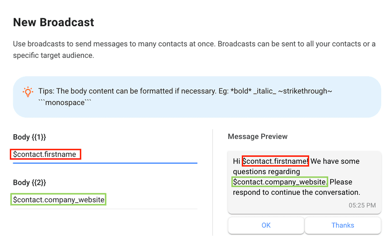 Using variables to broadcast message on WhatsApp