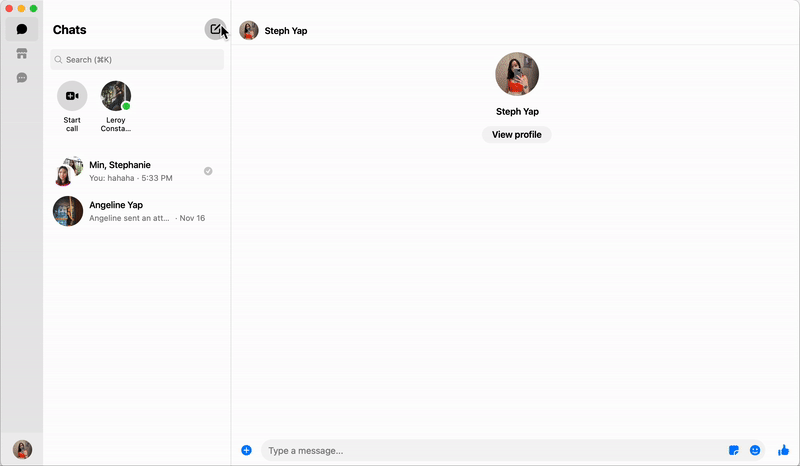 Esta es una imagen que describe como hacer un chat de grupo en messenger laptop. Haz clic en el icono de redactar mensaje. Luego escribe los nombres de las personas que quieres invitar al chat de grupo y ¡listo!